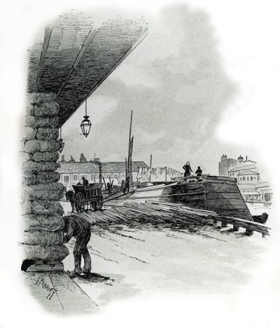 Ansicht der Lagerhäuser des Hafens von La Villette in Paris (Bootshäuser und Schuppen des Hafens von La Villette, Paris) Zeichnung von Gustave Fraipont (1849-1923) aus „La Seine à travers Paris“ von Saint-Juirs von Gustave Fraipont