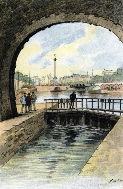 Ansicht der Schleuse des Canal Saint Martin in Paris. Zeichnung von Gustave Fraipont (1849-1923) aus „La Seine à travers Paris“ von Saint-Juirs von Gustave Fraipont