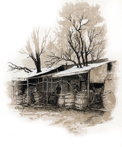 Ansicht des neuen Lagerhauses der Rue de Bordeaux, Bercy, Paris (Ansicht des Lagerhauses der Rue de Bordeaux, Bercy, Paris) Zeichnung von Gustave Fraipont (1849-1923) aus Saint-Juirs von Gustave Fraipont