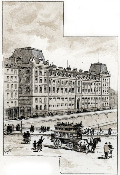 Ansicht des Polizeipräsidiums am Quai des Orfèvres, Paris. Zeichnung von Gustave Fraipont (1849-1923) aus Saint-Juirs von Gustave Fraipont