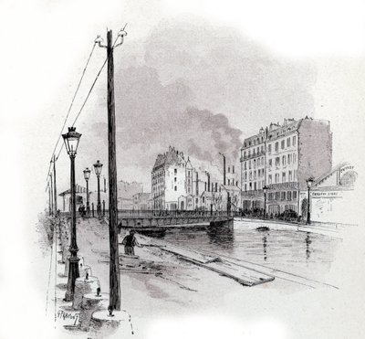 Ansicht der Schwenkbrücke des Quai de Valmy am Canal Saint Martin, Paris. Zeichnung von Gustave Fraipont (1849-1923) aus Saint-Juirs von Gustave Fraipont