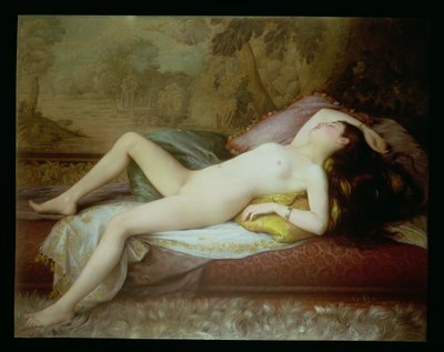 Nackte auf einer Chaiselongue liegend von Gustave Henri Eugene Delhumeau