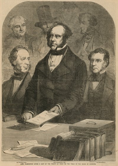 Lord Palmerston legt eine Kopie des Friedensvertrags auf den Tisch des Unterhauses von Gustave Janet