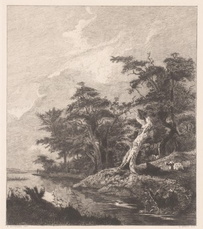 Flusslandschaft mit ruhendem Hirten bei einem Baumstumpf von Gustave Marie Greux