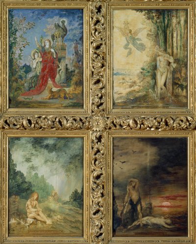 Menschheit: von TtoB, zwei Szenen, die das Silberne Zeitalter darstellen, repräsentiert durch Orpheus; zwei Szenen, die das Eiserne Zeitalter darstellen, repräsentiert durch Kain und Abel (Detail) von Gustave Moreau