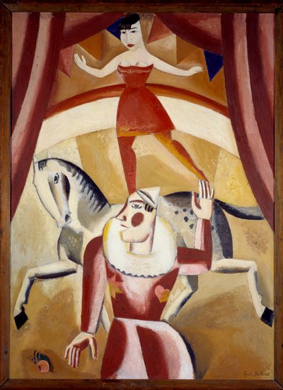 Zirkus III, eine Akrobatin auf einem Pferd und ein Clown auf einer Zirkusbahn, Gemälde von Gustave de Smet (1877-1943) 1926 von Gustave de Smet