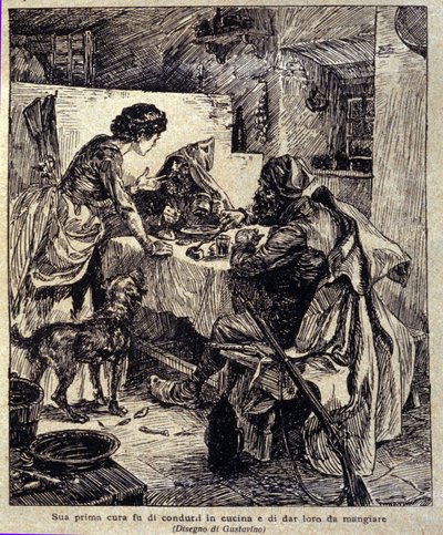 Seine erste Sorge war, sie in die Küche zu bringen und zu füttern... Illustration aus der neuen „Colomba“ von Prosper Merimee. Gravur von Gustavino (Gustavo Rosso) (1881-1950), ca. 1915 von Gustavo Gustavino Rosso