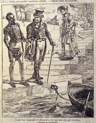 Der junge Mann dankte dem Oberst für seinen Dienst... Illustration aus der neuen „Colomba“ von Prosper Merimee. Gravur von Gustavino (Gustavo Rosso) (1881-1950), ca. 1915 von Gustavo Gustavino Rosso