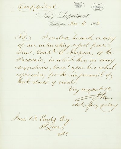 Brief unterzeichnet von G.V. Fox, Marineministerium, Washington, an Jas. B. Eads [James B. Eads], St. Louis, Mo., 2. November 1863 von Gustavus Vasa Fox