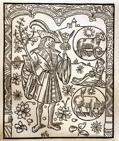 Hirtenkalender - Die Arbeiten der Monate - April - Holzschnitt aus dem Buch von 1496, gedruckt von Guy Marchant (Guido Mercator) in Troyes - Holzschnitt in „Le grand Calendrier et compost des shepherds“ von Guy Marchant