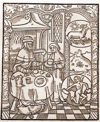Schäferkalender - Die Arbeiten der Monate - Januar - Holzschnitt aus dem Buch von 1496, gedruckt von Guy Marchant (Guido Mercator) in Troyes - Holzgravur in „Le grand Calendrier et compost des shepherds“ von Guy Marchant