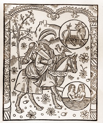 Hirtenkalender - Die Arbeiten der Monate - Mai - Holzschnitt aus dem Buch von 1496, gedruckt von Guy Marchant (Guido Mercator) in Troyes - Holzgravur in „Le grand Calendrier et compost des shepherds“ von Guy Marchant