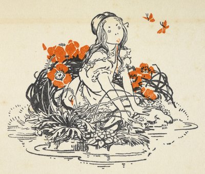 Illustration von Alice neben einem Teich, umgeben von Mohnblumen und Schmetterlingen von Gwynedd M. Hudson