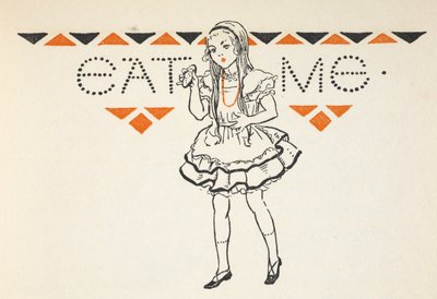 Illustration von Alice mit einem kleinen Kuchen mit der Aufschrift 