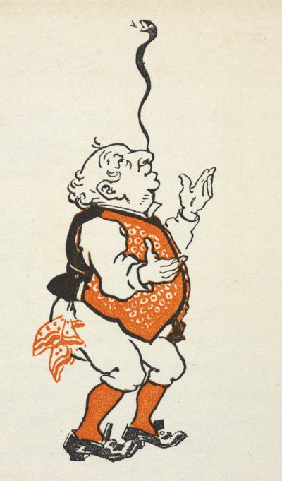 Illustration eines elegant gekleideten Mannes, der eine Schlange auf seiner Nase balanciert von Gwynedd M. Hudson