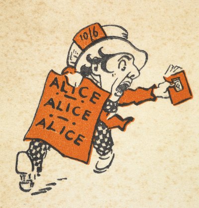 Illustration des Verrückten Hutmachers, der ein Buch und ein Schild mit der Aufschrift 