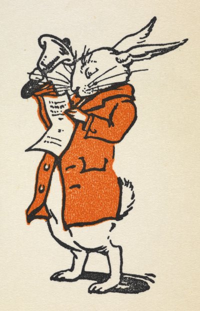 Illustration des Weißen Kaninchens in einer roten Jacke, das eine große Glocke läutet und liest von Gwynedd M. Hudson