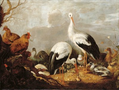 Störche, Stockenten, Hühner, ein Reiher, ein Frosch und andere Vögel in einer Flusslandschaft von Gysbert Hondecoeter