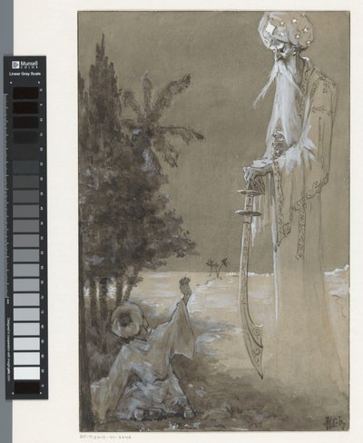 Langer Mann mit Bart schaut auf einen sitzenden Jungen herab von H.C. Louwerse (signed by artist)