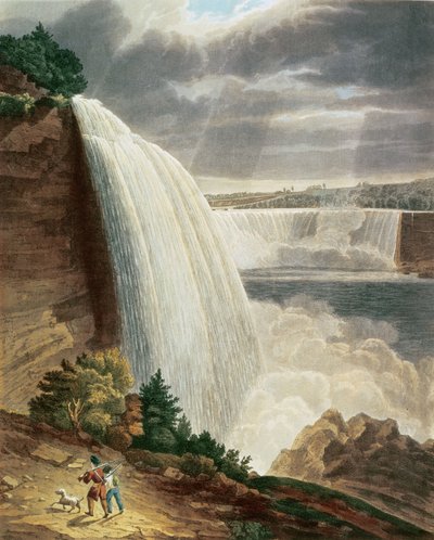 Niagarafälle, Teil des amerikanischen Falls vom Fuß der Treppe, graviert von J. Hill, veröffentlicht von H.L. Megarcy (Farbstich) von H.J. Bennett