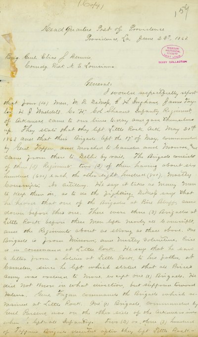 Brief von H. T. Reid, Hauptquartier, Post of Providence, Louisiana, an Brigadegeneral Elias S. Dennis, 22. Juni 1863 von H.T. Reid