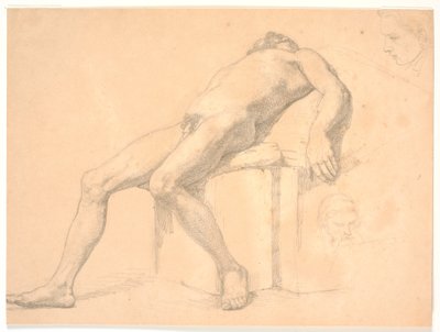 Studie eines männlichen, nackten, zurückgelehnten Modells. Rechts zwei Porträtköpfe, einer möglicherweise Constantin Hansen von H.W. Bissen