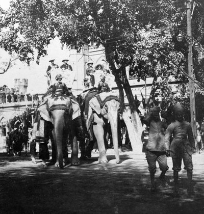 Vizeköniglicher Stab und seine Tochter nehmen an der Elefantenprozession teil, Delhi, Indien von H. Hands and Son
