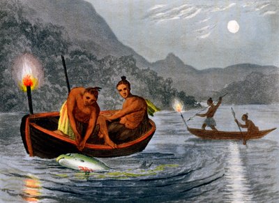 Ureinwohner Amerikas beim Fischen mit Fackeln in Nordamerika, 1813 von H Merke