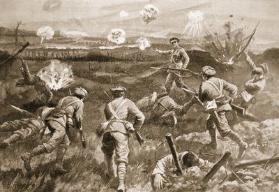Sergeant H. Wells führt einen Zug zu den deutschen Drahtverhauen, nachdem sein Offizier getötet wurde von H. Ripperger