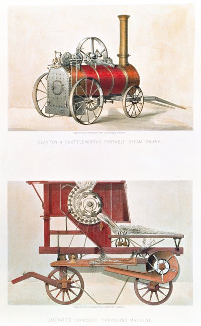 Clayton und Shuttleworths tragbare Dampfmaschine und Garratts verbesserte Dreschmaschine, graviert von G. Greatbach von H. after Mason