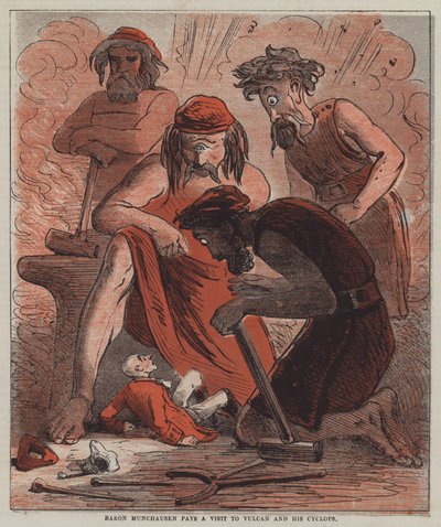Baron Münchhausen besucht Vulkan und seine Zyklopen (Farblitho) von after Hablot Knight Browne