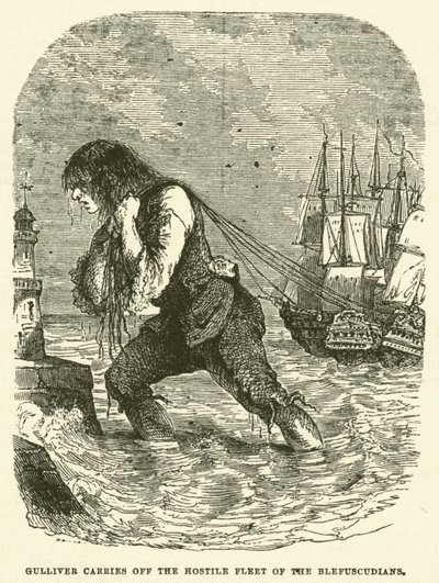 Gulliver trägt die feindliche Flotte der Blefuscudianer davon (Gravur) von after Hablot Knight Browne