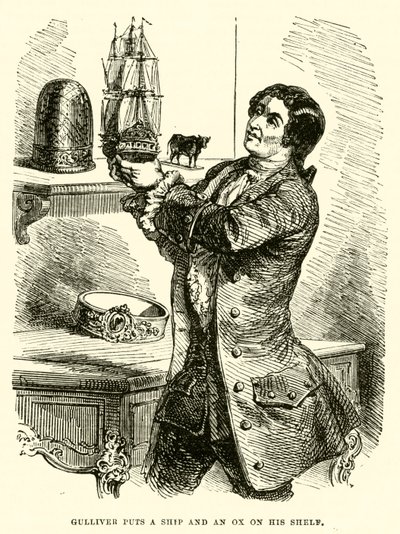 Gulliver stellt ein Schiff und einen Ochsen auf sein Regal (Gravur) von after Hablot Knight Browne