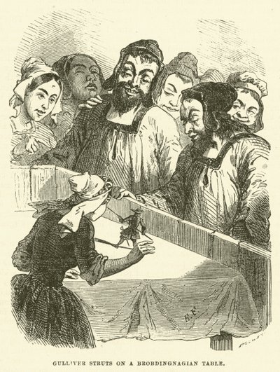 Gulliver stolziert auf einem Brobdingnagian-Tisch (Gravur) von after Hablot Knight Browne