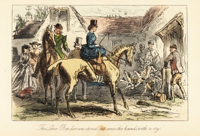 Jäger und Frauen beobachten, wie die Fuchshunde vor einer Jagd aus einem Gehege gelassen werden von after Hablot Knight Browne
