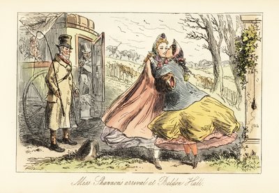 Damen in Krinolinen umarmen sich vor einem Tor von after Hablot Knight Browne