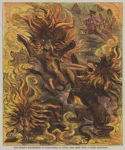 Das Lager des Barons wird von Löwen umzingelt, die einen warmen Empfang erhalten von after Hablot Knight Browne