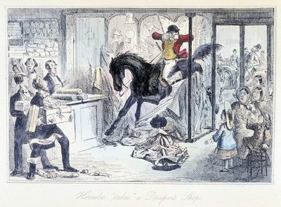 Pferdejäger, der versehentlich in ein Stoffgeschäft eindringt. Englische Karikatur über die Jagd aus „Abenteuer von Thomas Scott oder Hawbuck Grange“, Illustration von H.K. Browne und W.T. Maud von Hablot Knight Browne
