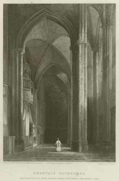Kathedrale von Beauvais, Nördliches Seitenschiff des Chors, zeigt das Forbins-Denkmal und die alte Uhr von Hablot Knight Browne