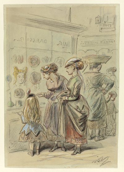 Zwei Damen und ein kleines Mädchen vor dem Friseurladen von Hablot Knight Browne
