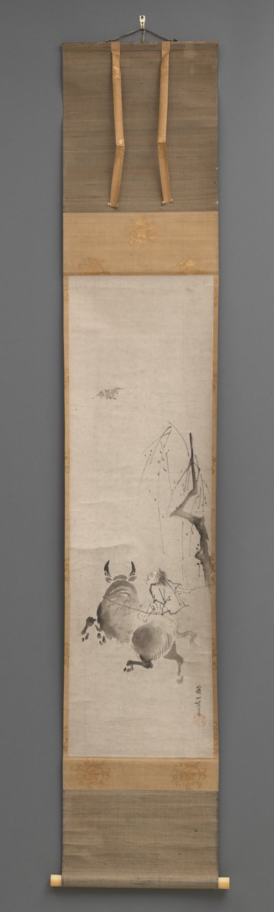 Stier und Reiter, frühes 17. bis spätes 19. Jahrhundert (Hängende Schriftrolle: Tinte auf Papier) von Hanabusa Itcho