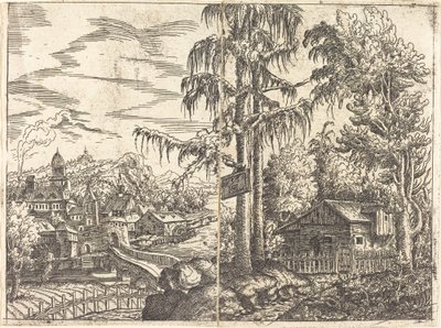 Landschaft mit Blick auf ein Bauernhaus und eine Stadt in der Nähe eines Flusses von Hanns Lautensack