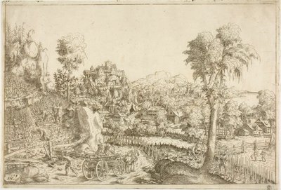 Landschaft mit einem Weinberg, in der Mitte ein mit Stangen beladener Wagen von Hanns Lautensack