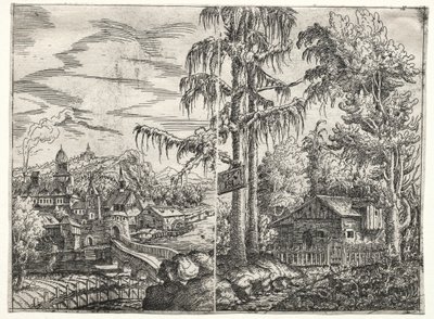 Landschaft mit der Stadt an einem Fluss und dem Häuschen zwischen Bäumen von Hanns Lautensack