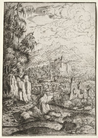 Landschaft mit einer Straße zu einer Burg auf einer Insel in einem Fluss, 1554 von Hanns Sebald Lautensack