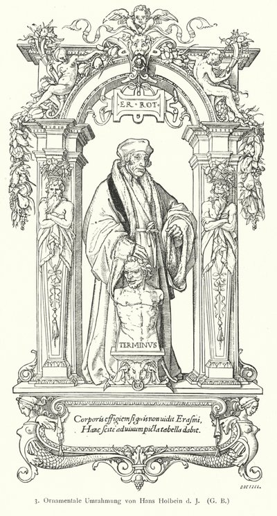 Porträt des niederländischen Renaissance-Humanisten Desiderius Erasmus mit ornamentalem Rahmen (Gravur) von Hans (after) Holbein the Younger