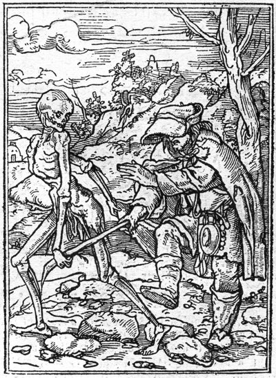 Die Simulakren des Todes von Hans Holbein dem Jüngeren (1497-1543): der Blinde. Der Tod greift nach dem Stock des Blinden und fungiert als Führer. Gravur. von Hans (after) Holbein the Younger