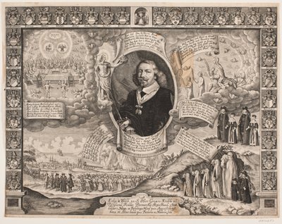 Gregers Krabbe zu Torstedlund umgeben von allegorischen Darstellungen und Wappenschildern von Hans Andreas Greys