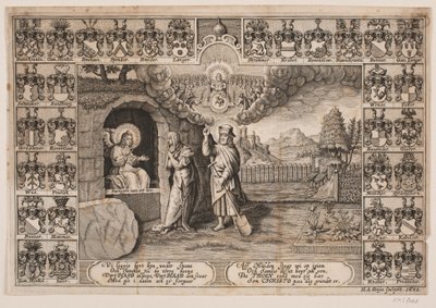 Titelblatt zur Leichenpredigt über Ida Langs mit Darstellung von Christus als Gärtner und Maria Magdalena von Hans Andreas Greys