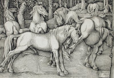 Hengst und abschlagende Stute inmitten einer Gruppe von Wildpferden im Wald von Hans Baldung Grien